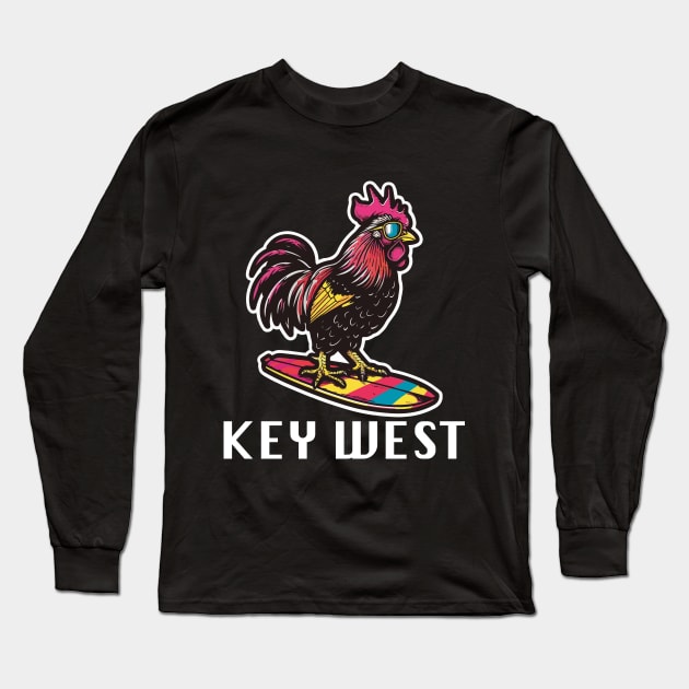 Key West Florida - Surfing Rooster (with White Lettering) Long Sleeve T-Shirt by VelvetRoom